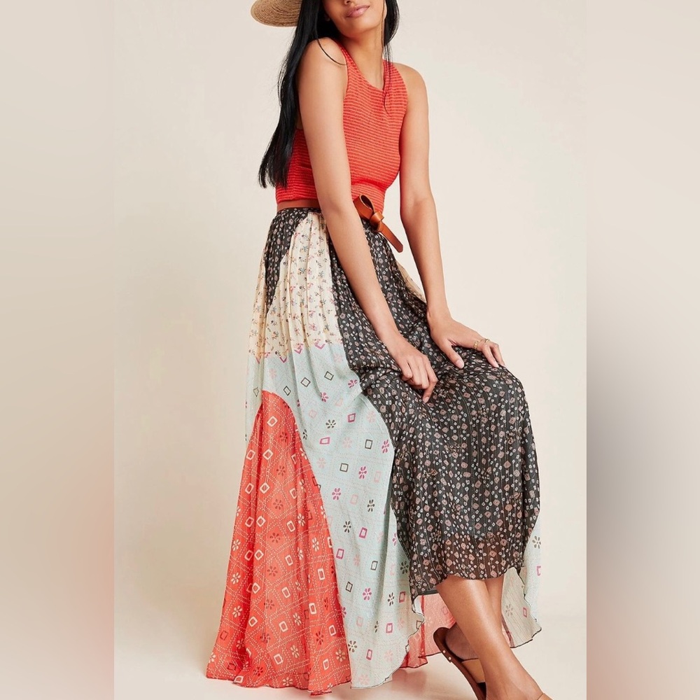 Anthropologie Verb Boho Patchwork Pleated Maxi Skirt Women Sz 14 Red Multicolor